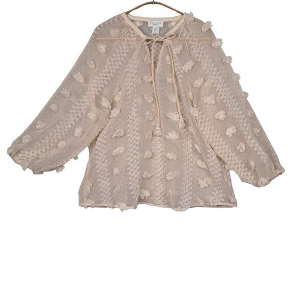 NEW Calypso St Barth Boho 3D Pom Floral Cream Semi Sheer Peasant Blouse Size L - Picture 2 of 9